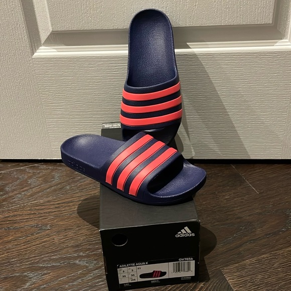 NWT big kid Adidas Adilette Aqua slides navy pink sandals - Picture 1 of 8